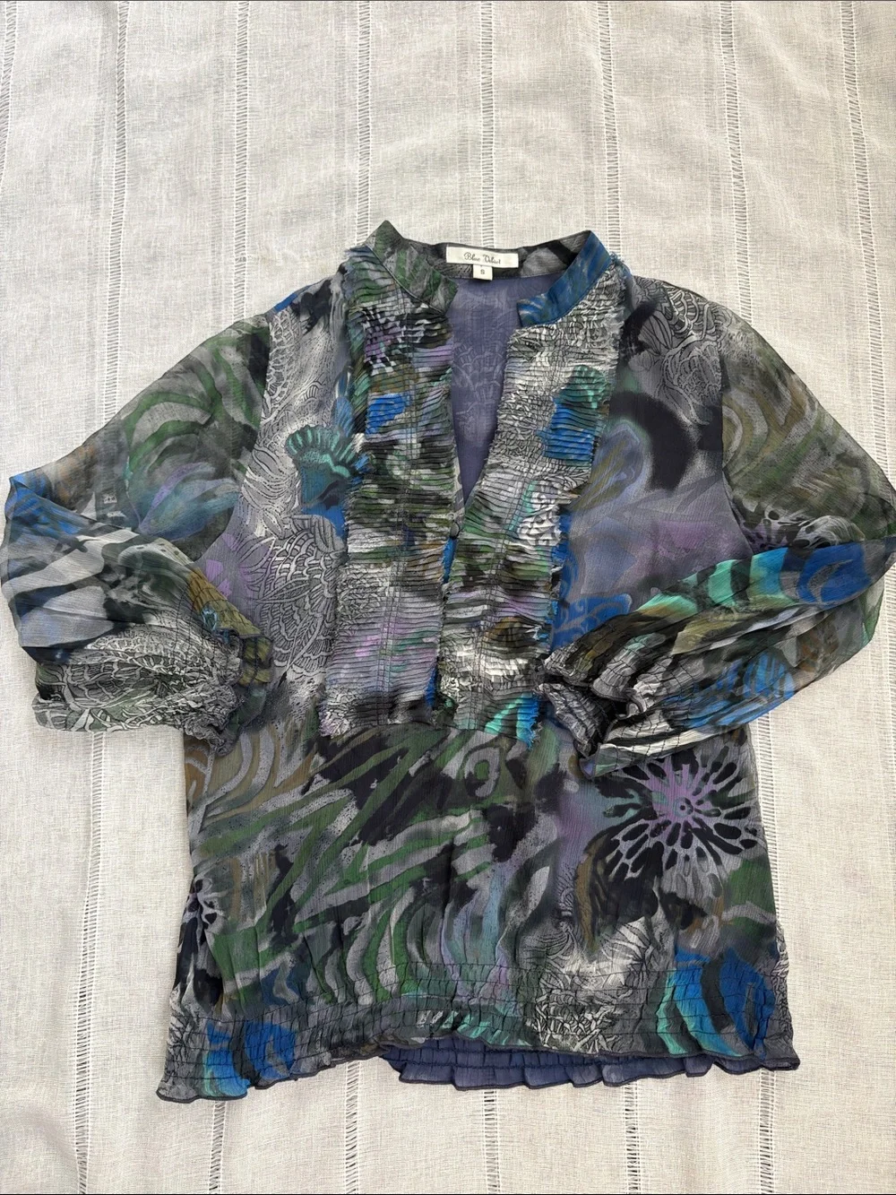 Blue Velvet Silk Sheer Ruffle-Front Blouse in Blue and Green Abstract